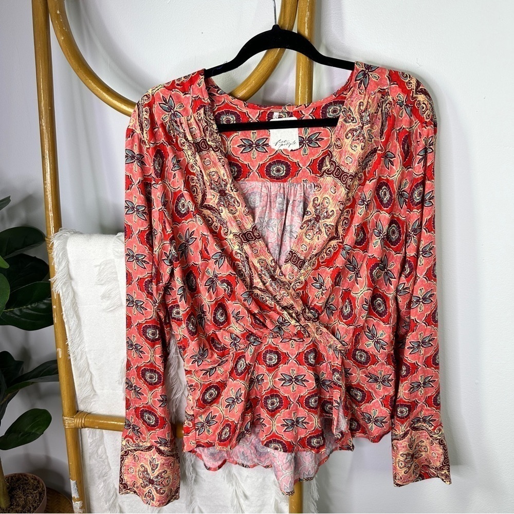 NWT Free People Red and Pink Geometric Blouse sz L